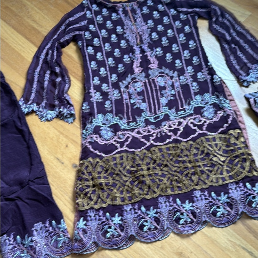 Embroidered Purple Dress with Gold Accents